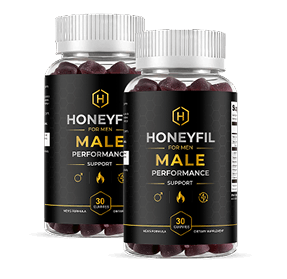 Two bottles of HoneyFil men's performance support gummies